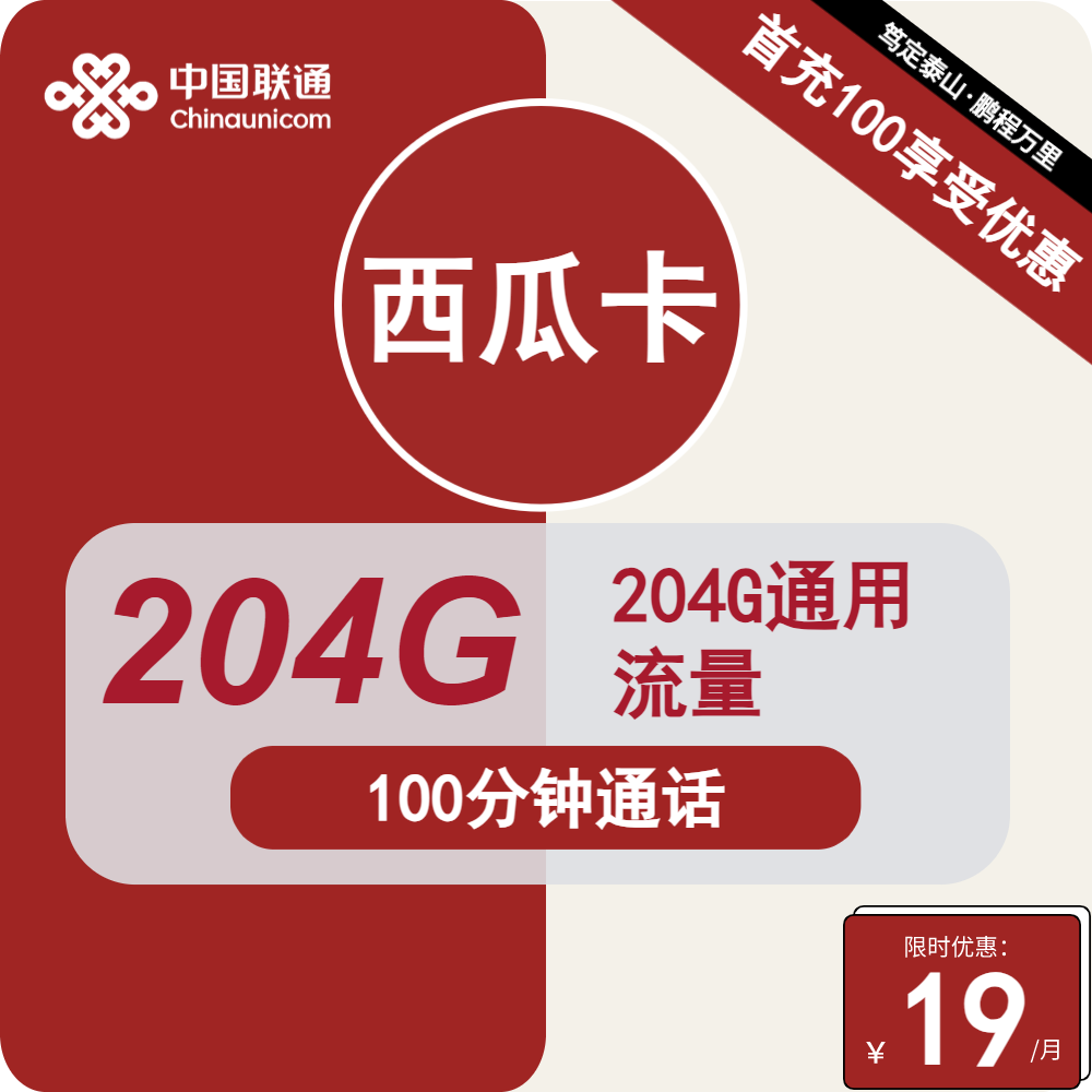 联通西瓜卡 19元包204G通用+100分钟通话